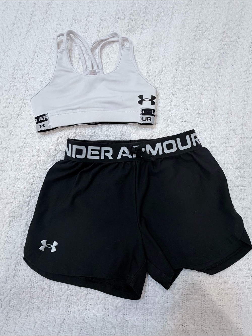 Under Armour White Sports Bra with Black Athletic Shorts